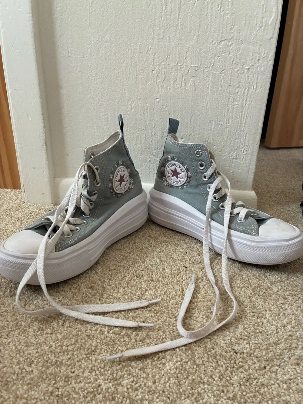 Converse Sage Green High-Top Platform Sneakers with Floral Patch kids size 3.5